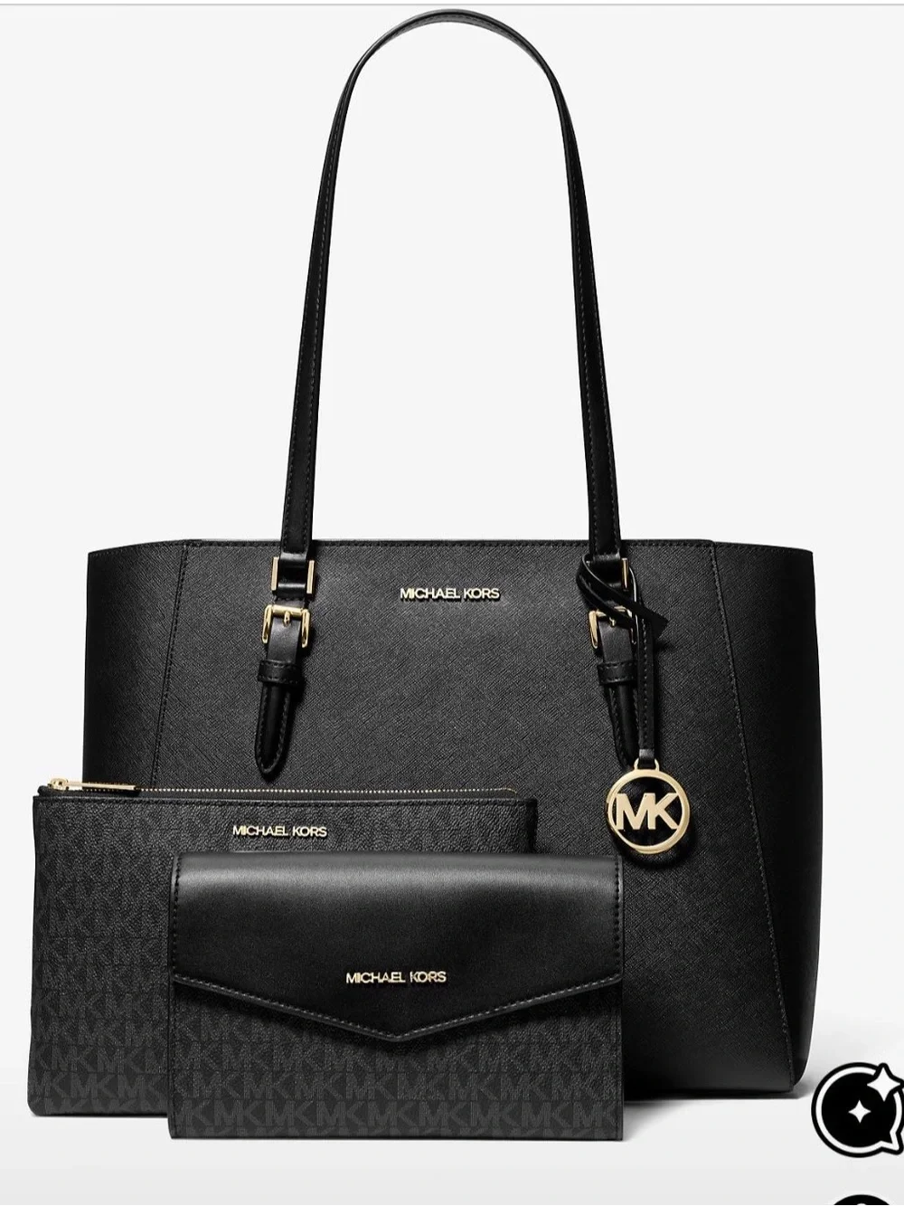 Michael Kors Black Leather Tote Set with Gold MK Charm and Wallets
